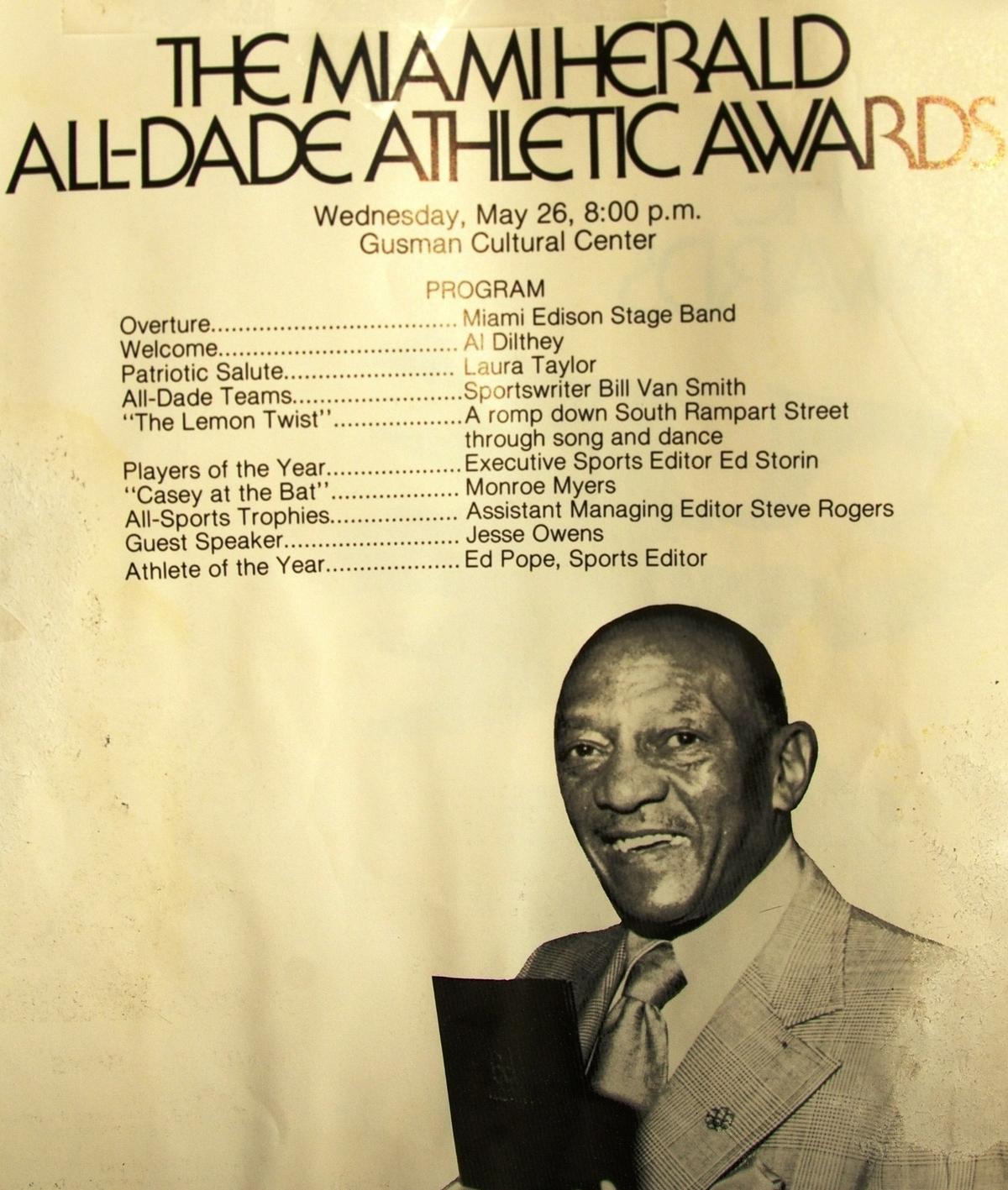 Famed United States Olympian Jesse Owens was the guest speaker at the 1976 Miami Herald All-Dade Athletic Awards.