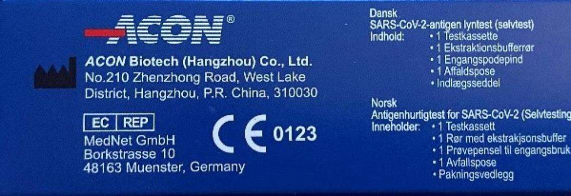 ACON says the box top listing “ACON Biotech (Hangzhou) Co., Ltd.” as the manufacturer is a sign of a counterfeit test in the United States.