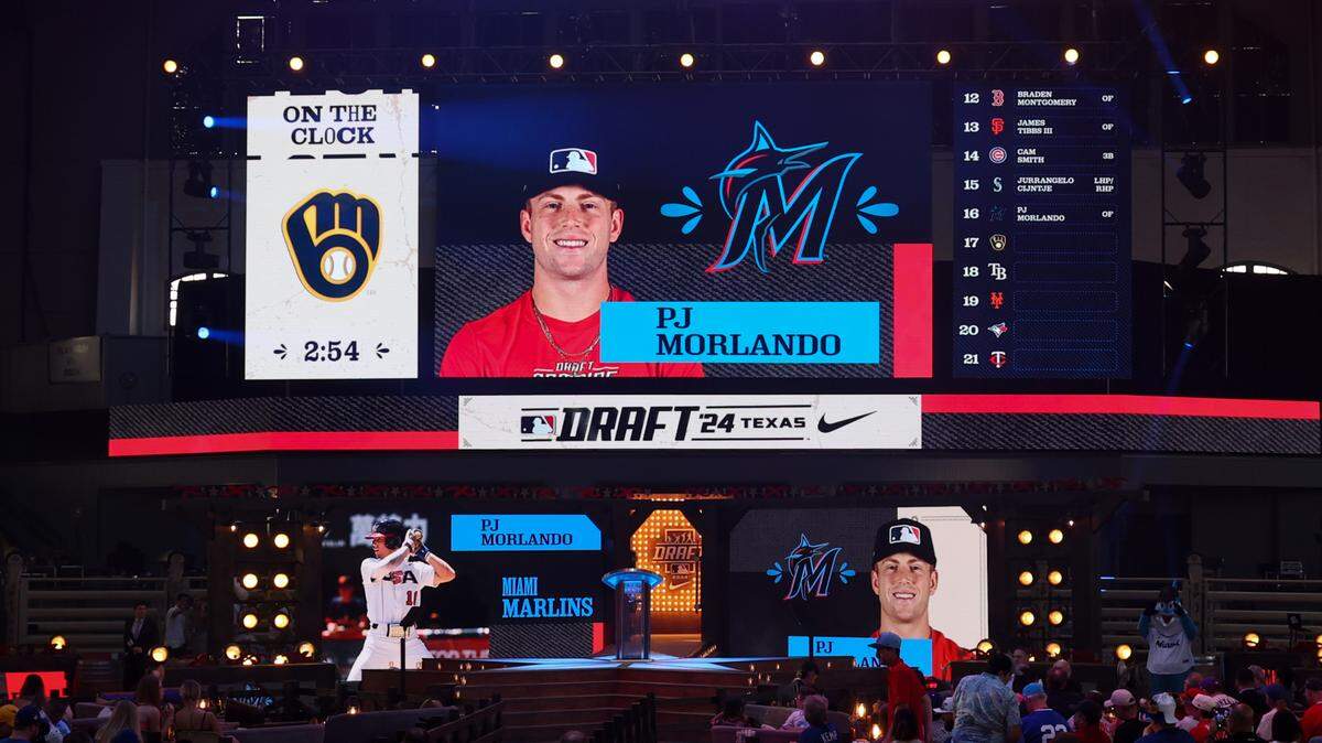 Jul 14, 2024; Ft. Worth, TX, USA; PJ Morlando is drafted by the Miami Marlins with the 16th pick during the first round of the MLB Draft at Cowtown Coliseum. Mandatory Credit: Kevin Jairaj-USA TODAY Sports