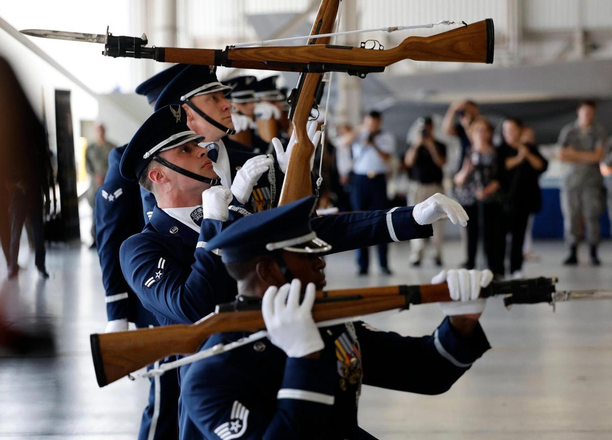 The United States Air Force Honor Guard perform during the National Salute to America’s Heroes presented by Hyundai Air & Sea Show/U.S. Army Salute Fest at the US Coast Guard Air Station in Opa-locka, Florida on Friday, May 26, 2023.