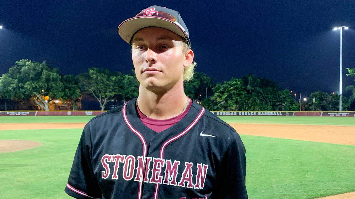 Stoneman Douglas’ Matt Ossenfort poses for a photo after a Region 4-7A win over Taravella on Saturday, May 13, 2023.