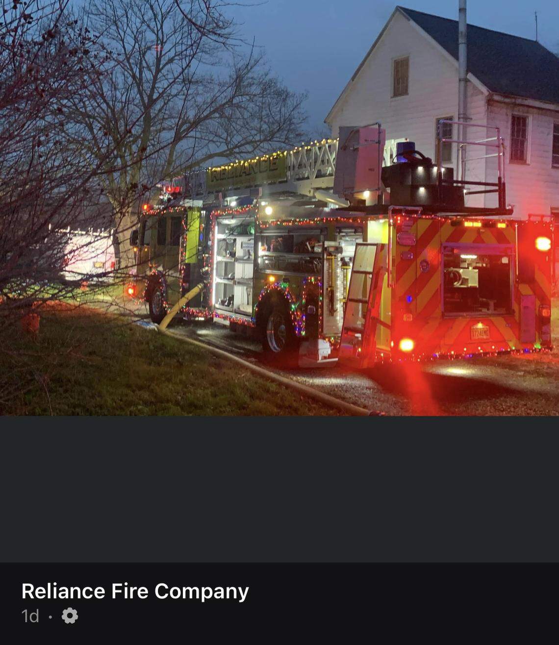 The Reliance Fire Company’s firetruck decorated in holiday lights.