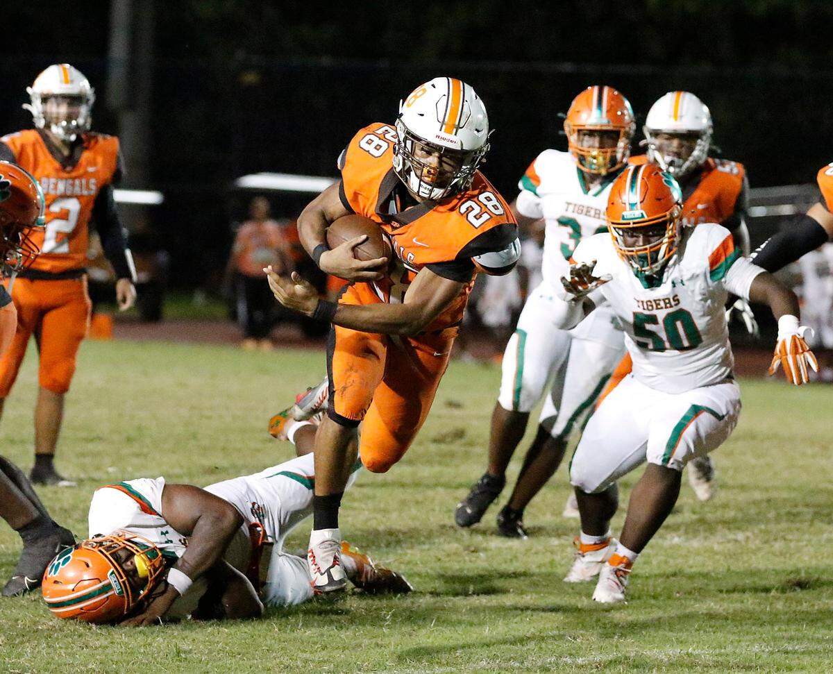 Piper Bengals running back Julien Halley (28) runs the ball against Blanche Ely Tigers during their football game on Friday, September 20, 2024 at Piper HS in Sunrise.