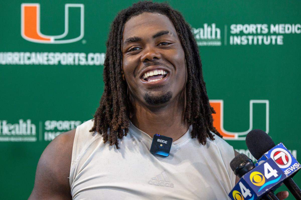 University of Miami wide receiver K.J. Osborn (2) speaks to the media about the season opener against Florida during a press conference at the Carol Soffer Indoor Practice Facility in Coral Gables, Florida on Tuesday, August 20, 2019.
