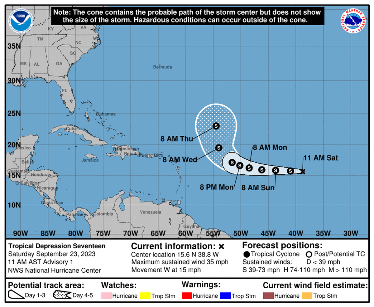 Forecast track for newly-formed Tropical Depression 17 on Saturday, Sept. 23, 2023.