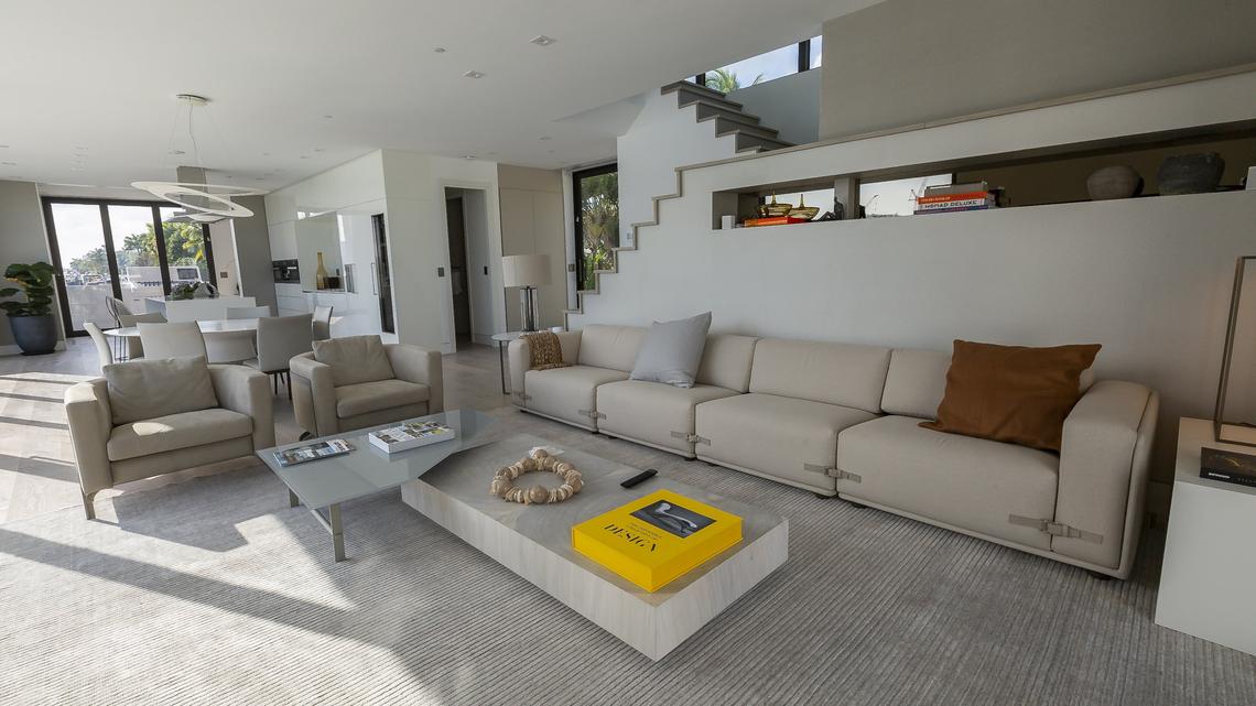 Interior of the Arkup houseboat, a green-energy luxury floating home that can adapt to sea rise, docked off Palm Island near Miami Beach on Saturday, April 27, 2019.