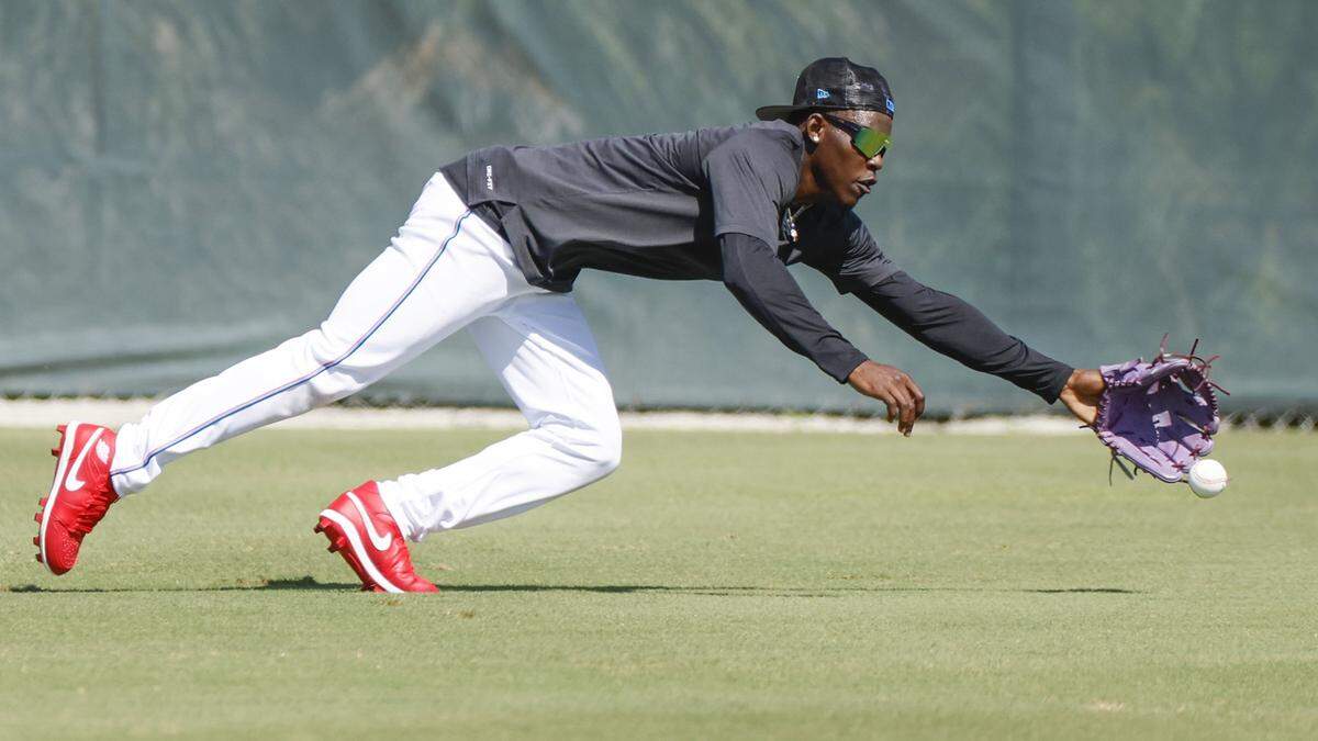 Miami Marlins outfielder Jazz Chisholm Jr. goes through fielding drills during spring training at Roger Dean Chevrolet Stadium in Jupiter, Florida on Tuesday, February 21, 2023.