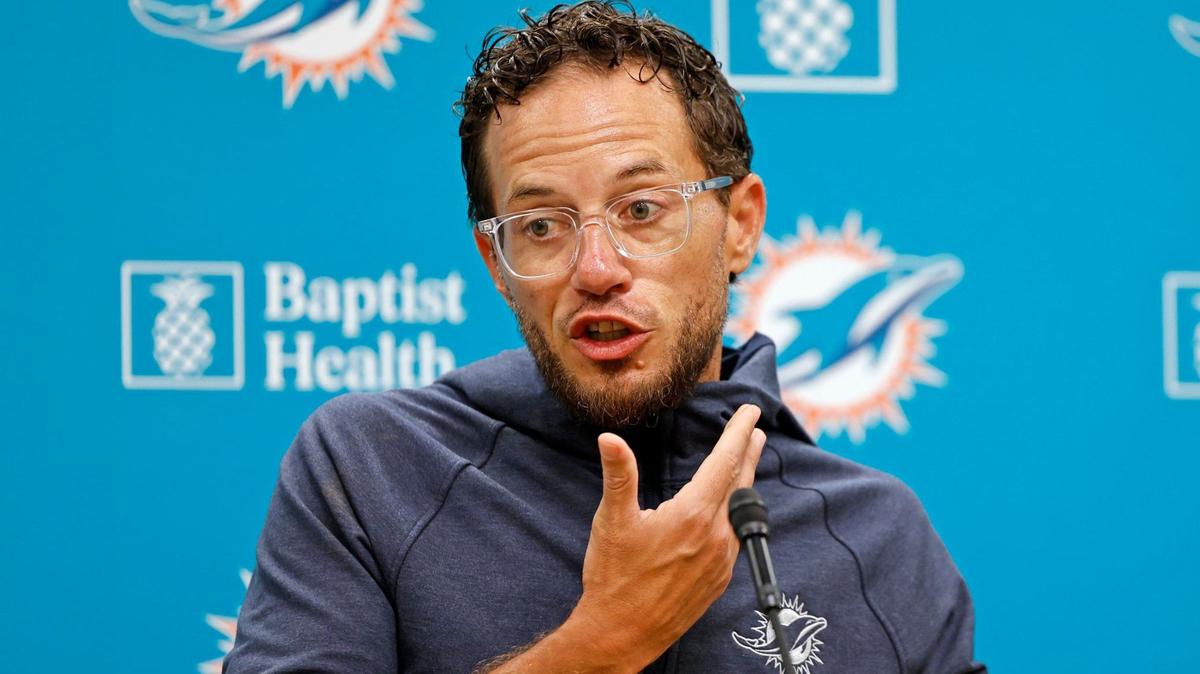 Miami Dolphins coach Mike McDaniel speaks to reporters before practice at the Baptist Health Training Complex in Miami Gardens on Saturday, July 28, 2024.