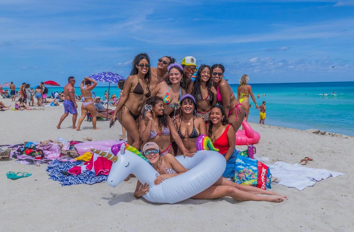 A group of friends from Miami celebrated the birthday of Leismary Davis (center-wearing the crown) as they enjoy the nice weather in South Beach, during spring break, in Miami Beach, Florida, on Saturday March 22, 2025.