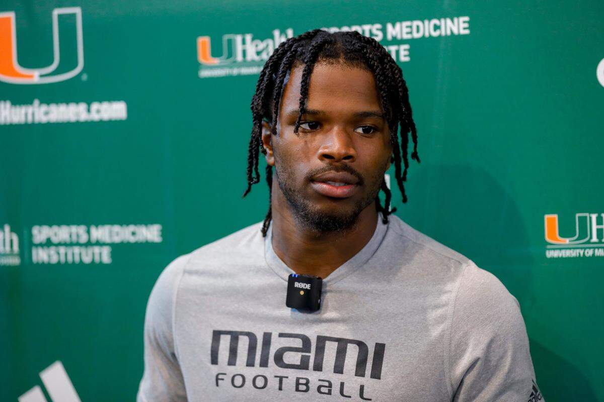 Miami Hurricanes cornerback Al Blades Jr. (7) talks to reporters after completing practice at the University of Miami campus in Coral Gables, Florida, on Friday, March 11, 2022.