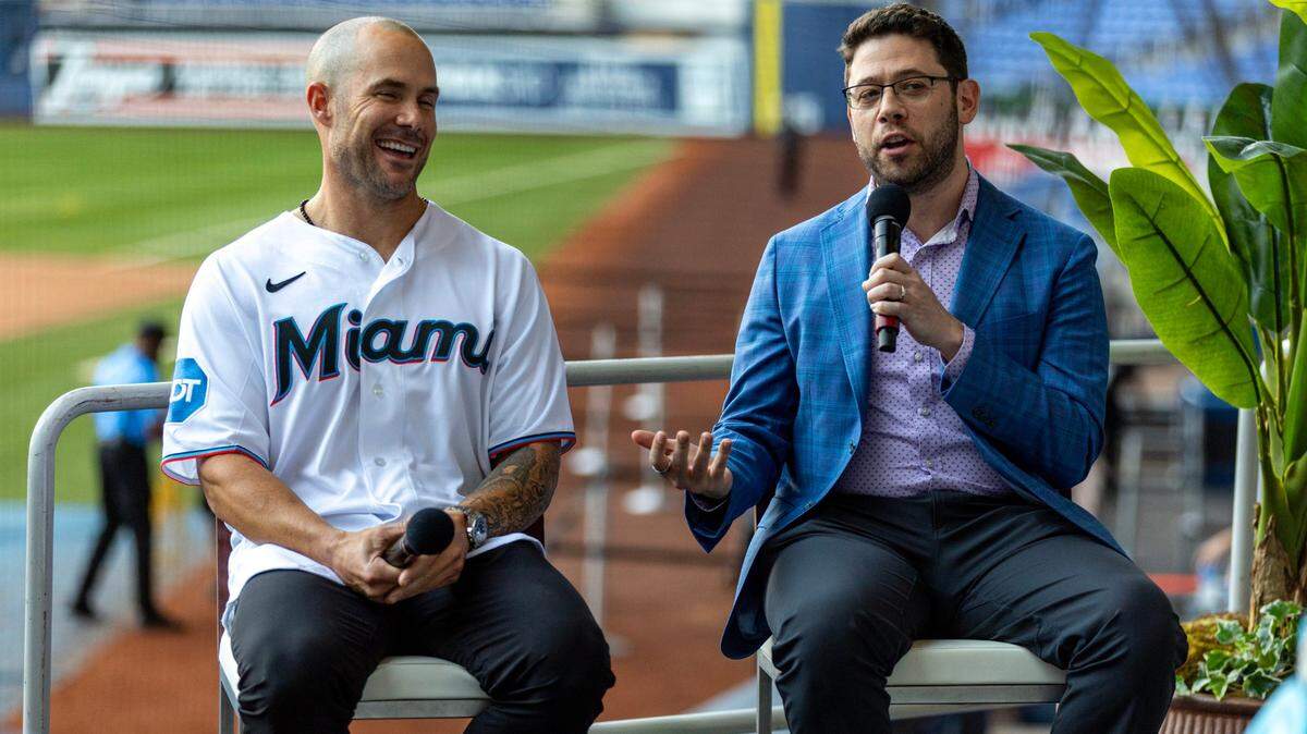 New Marlins General Manager Peter Bendix and Manager Skip Schumaker speak to fans during the Miami Marlins FanFest event at loanDepot park in Miami, Florida on Friday, January 26, 2024.