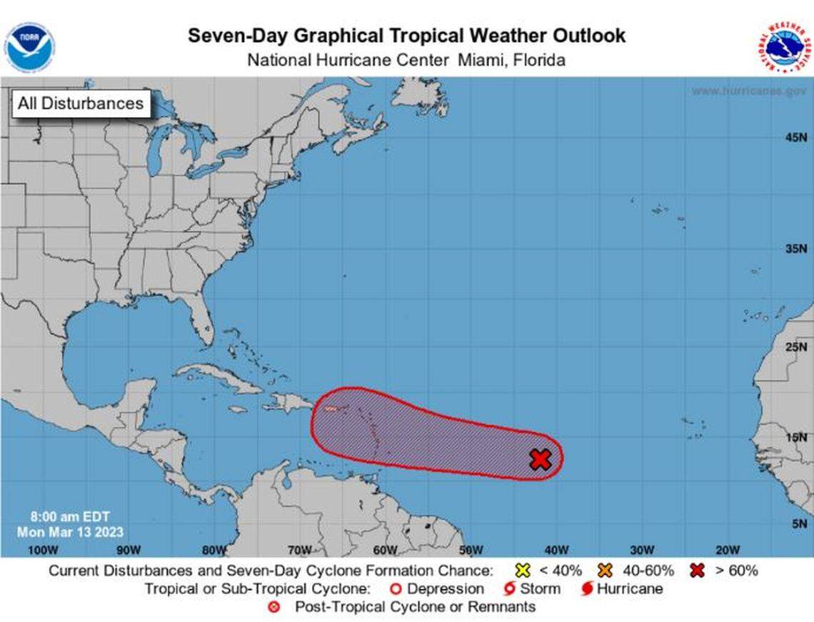 This is an example of what the NHC’s new 7-day forecast for potential tropical cyclones will look like in the 2023 hurricane season. It is not a real storm.