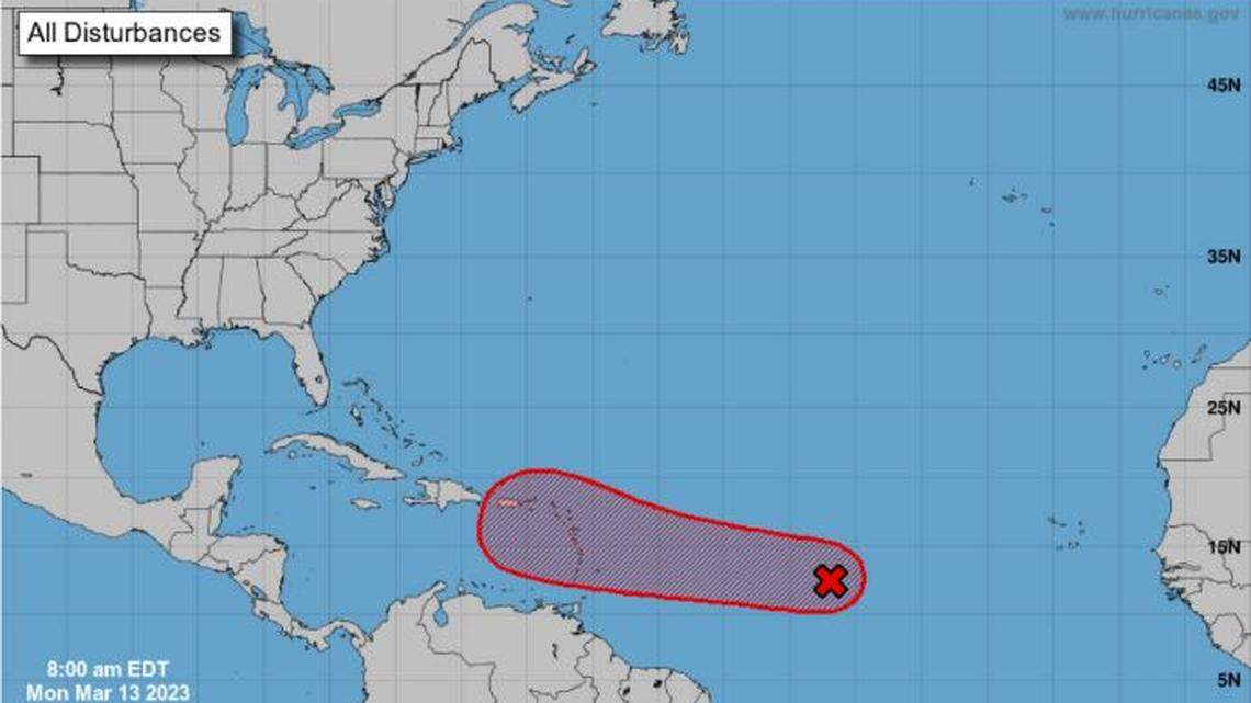 This is an example of what the NHC’s new 7-day forecast for potential tropical cyclones will look like in the 2023 hurricane season. It is not a real storm.