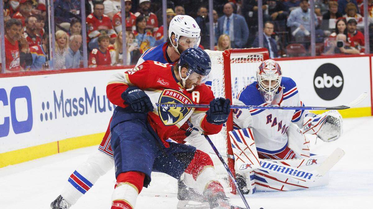 Florida Panthers left wing Matthew Tkachuk (19) takes a shot on New York Rangers goaltender Igor Shesterkin (31) during the first period of Game 3 of the Eastern Conference finals of the NHL hockey Stanley Cup playoffs at the Amerant Bank Arena on Sunday, May 26, 2024, in Sunrise, Fla.