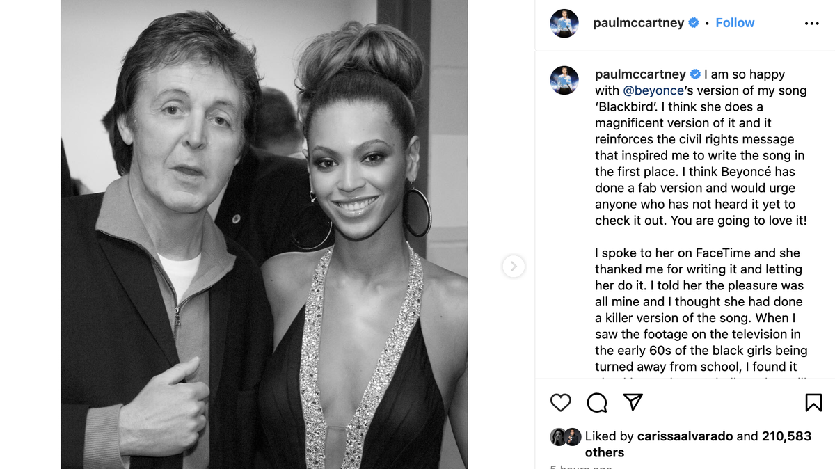 Paul McCartney is speaking out after Beyoncé rerecorded his song “Blackbird”.