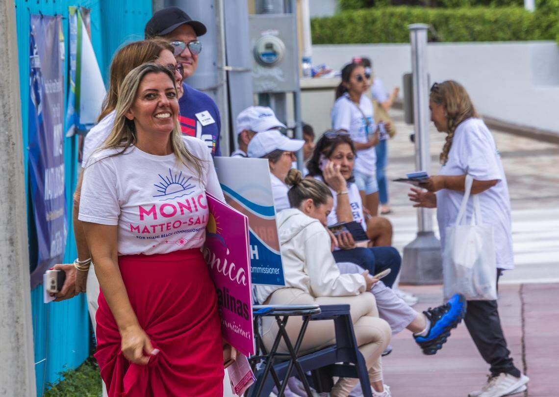 Commission candidate Monica Pardo Pope, campaigns during the Election Day on November 4, City of Miami Beach general municipal and special elections, outside of the South Point Elementary School voting poll location, on November 4, 2025.