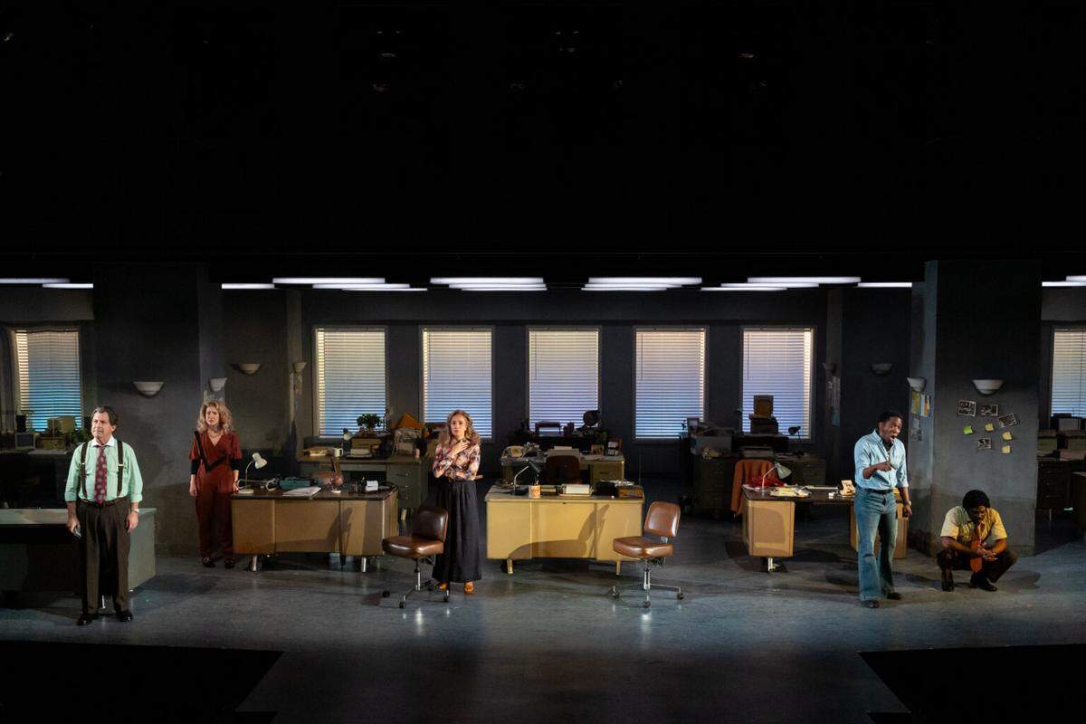From left, Stephen Trovillion as Larry, Caitlin Clouthier as Edna, Krystal Millie Valdes as Anna, Roderick Randle as Arthur McDuffie, and Jovon Jacobs as Bobby on Tim Mackabee’s set for Miami New Drama’s world premiere play “Dangerous Days.”