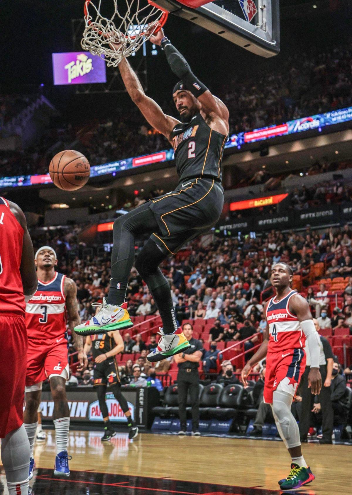 Miami Heat guard Gabe Vincent (2) dunks in the first half against the Washington Wizards at the FTX Arena in Miami on Thursday, November 18, 2021