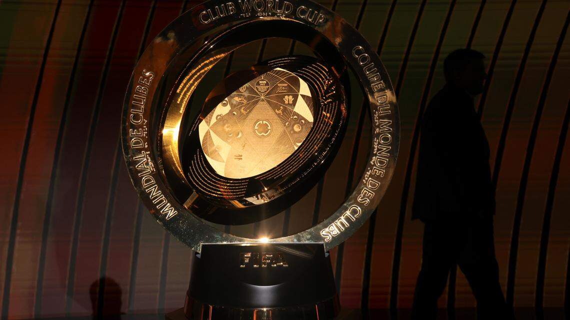 Dec 5, 2024; Miami, FL, USA; A view of the Club World Cup trophy during the 2025 FIFA Club World Cup draw at Telemundo Studios. Mandatory Credit: Sam Navarro-Imagn Images