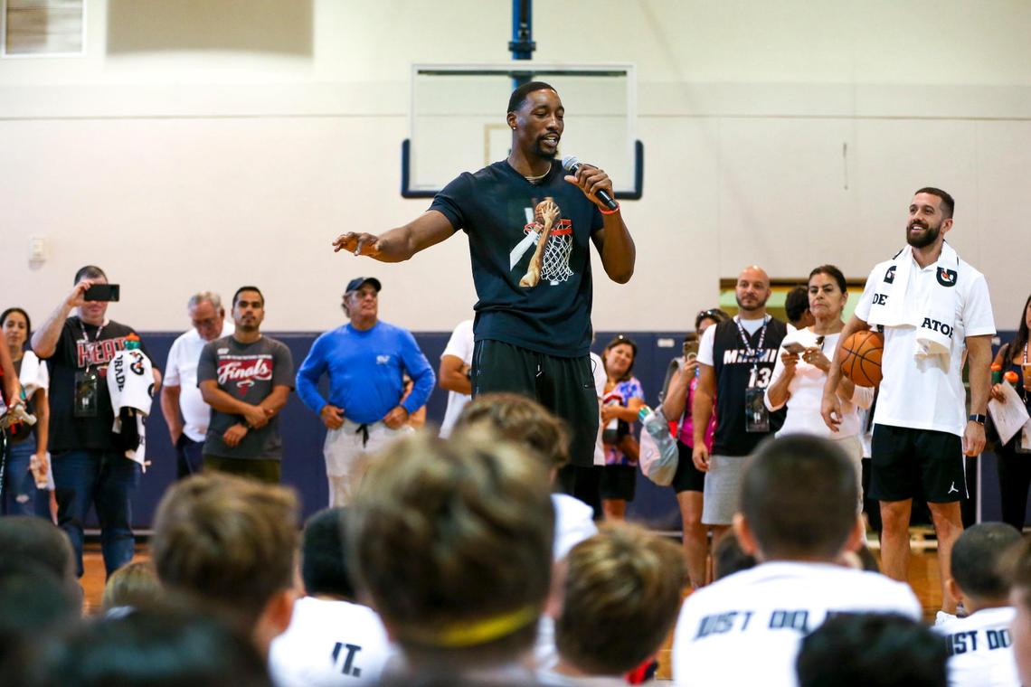 Miami Heat center Bam Adebayo talks to a group of campers during the Bam Adebayo’s fourth annual youth basketball clinic at Riviera Preparatory School on 9775 SW 87th Ave., in Miami, Florida on Saturday, July 30, 2022.