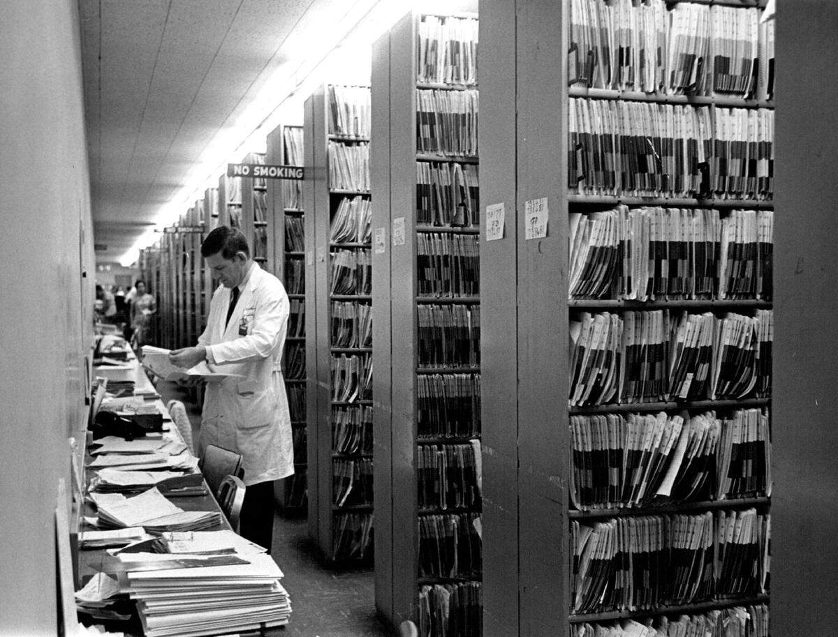 Patient files in Jackson Memorial Hospital library in 1967.