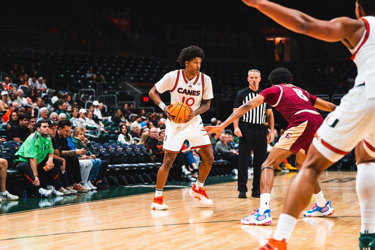 Tru Washington had 18 points and 10 rebounds for the University of Miami in a 99-72 home win over Elon at the Watsco Center on Nov. 20, 2025.