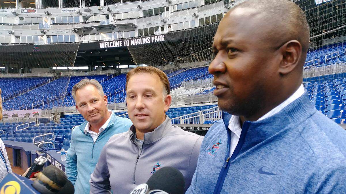From left: Miami Marlins director of player development and scouting Gary Denbo, director of amateur scouting D.J. Svihlik and president of baseball operations Michael Hill talk about the upcoming 2019 MLB Draft on Wednesday, May 29, 2019, at Marlins Park