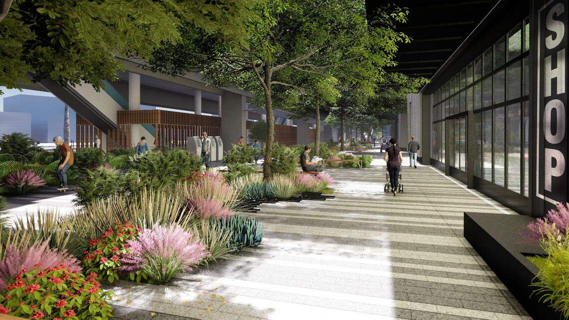 Renderings of the new plans for Grove Central, a transportation hub near Coconut Grove, show public space connecting  shops, housing and a new Metrorail station.