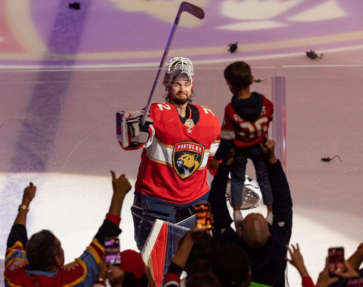 Florida Panthers goaltender Sergei Bobrovsky gives his hockey stick to a fan after defeating the Carolina Hurricanes 1 to 0 in Game 3 of the NHL Stanley Cup Eastern Conference Final at the FLA Live Arena on Monday, May 22, 2023 in Sunrise, Florida.