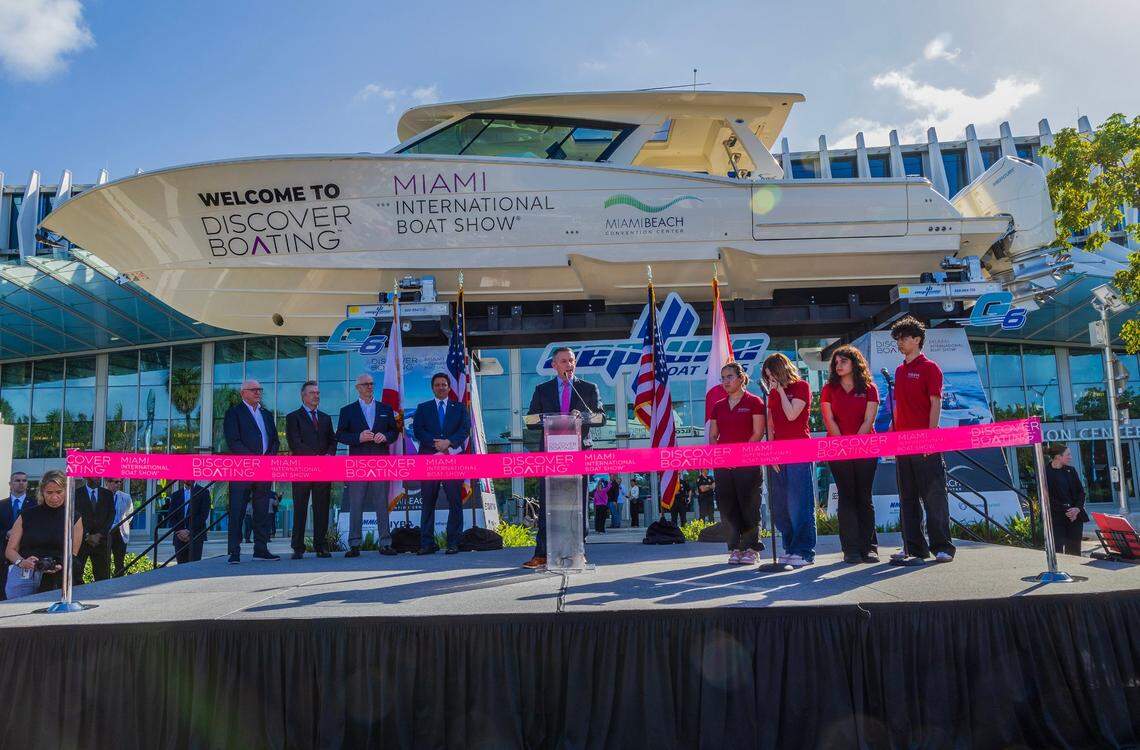 Freddie Peterson, Convention Center general manager, welcomes guests to the 2025 Discover Boating Miami International Boat Show at the Miami Beach Convention Center, on Wednesday, Feb. 12, 2025.