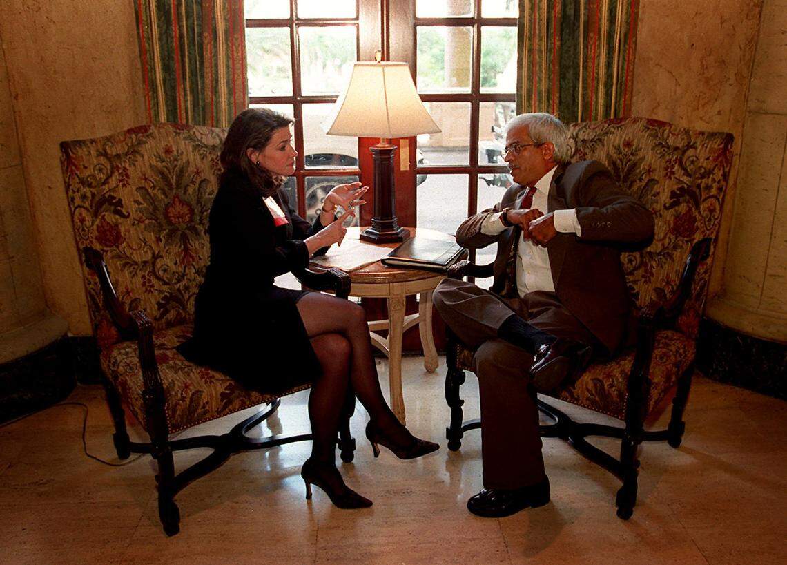 In 1999, Katherine Harris, Florida secretary of state, and Charles R. Jainarain, president of Greenheart International of Miami, hold an informal discussion in the lobby of the Biltmore Hotel during the Miami Herald “Americas” conference.