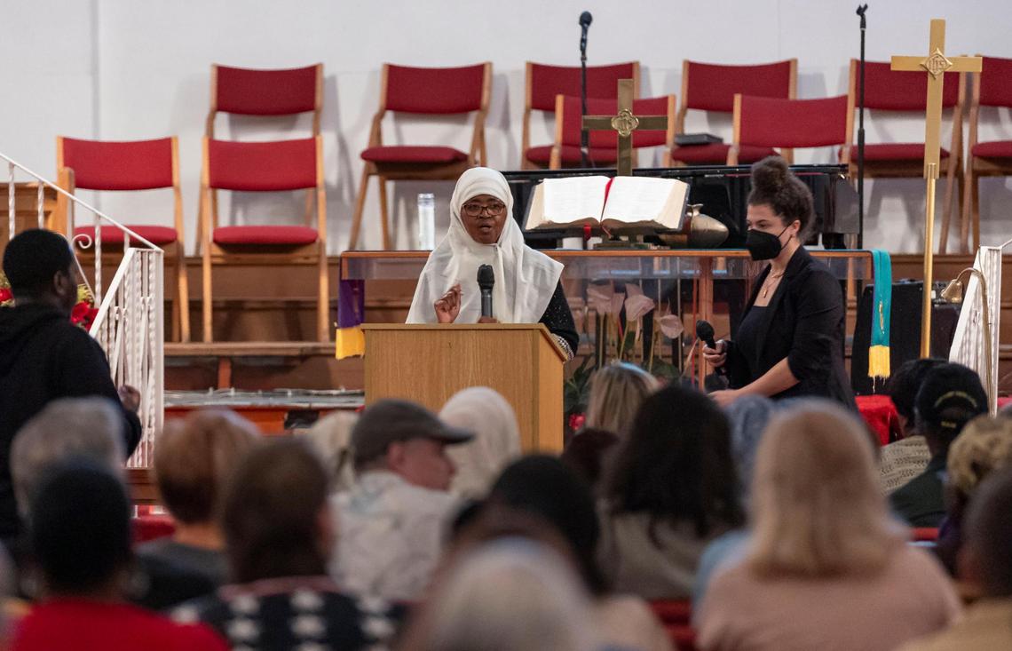 Patricia Salahuddin speaks to members of PACT (People Acting for Community Together), an interfaith nonprofit, during their annual assembly meeting at the Ebenezer United Methodist Church. The group tackles social justice issues on behalf of Miami-Dade County residents.