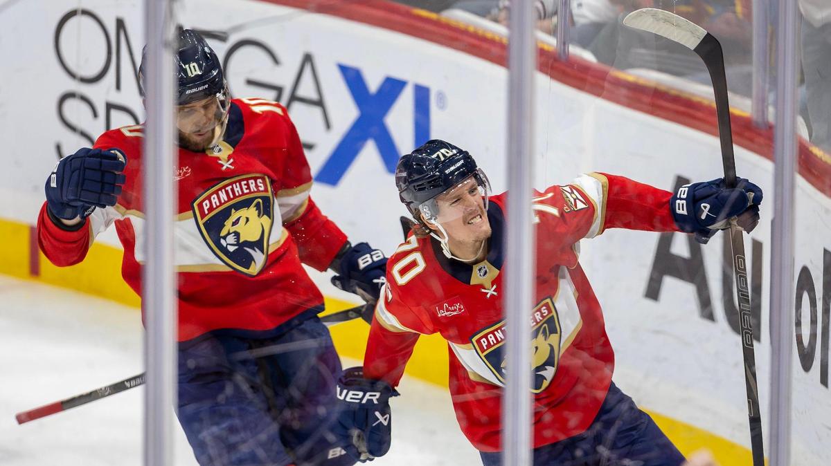 Florida Panthers center Jesper Boqvist (70) celebrates with teammate A.J. Greer (10) after scoring against the Anaheim Ducks during the second period of an NHL of an game at Amerant Bank Arena on Saturday, Jan. 18, 2025, in Sunrise, Fla.