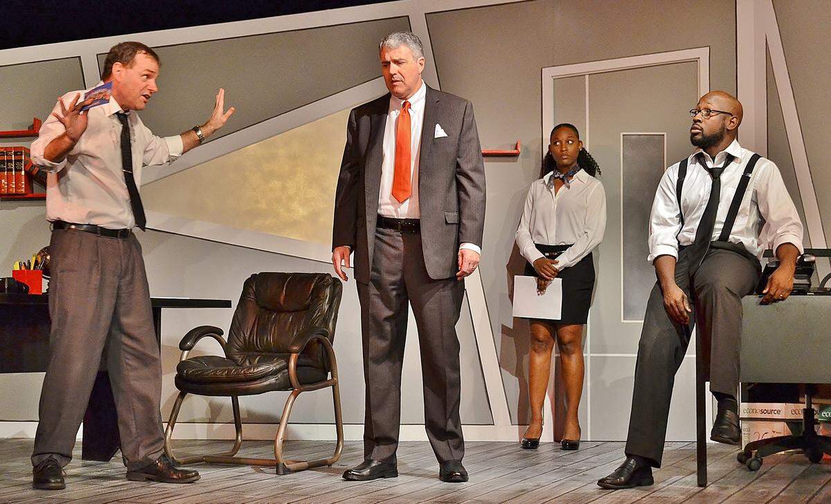Christopher Dreeson, Brian McCormack, Trittney Nicole Huzzie and Keith R. Oliver argue over a rape accusation in Main Street Players’ ‘Race.’