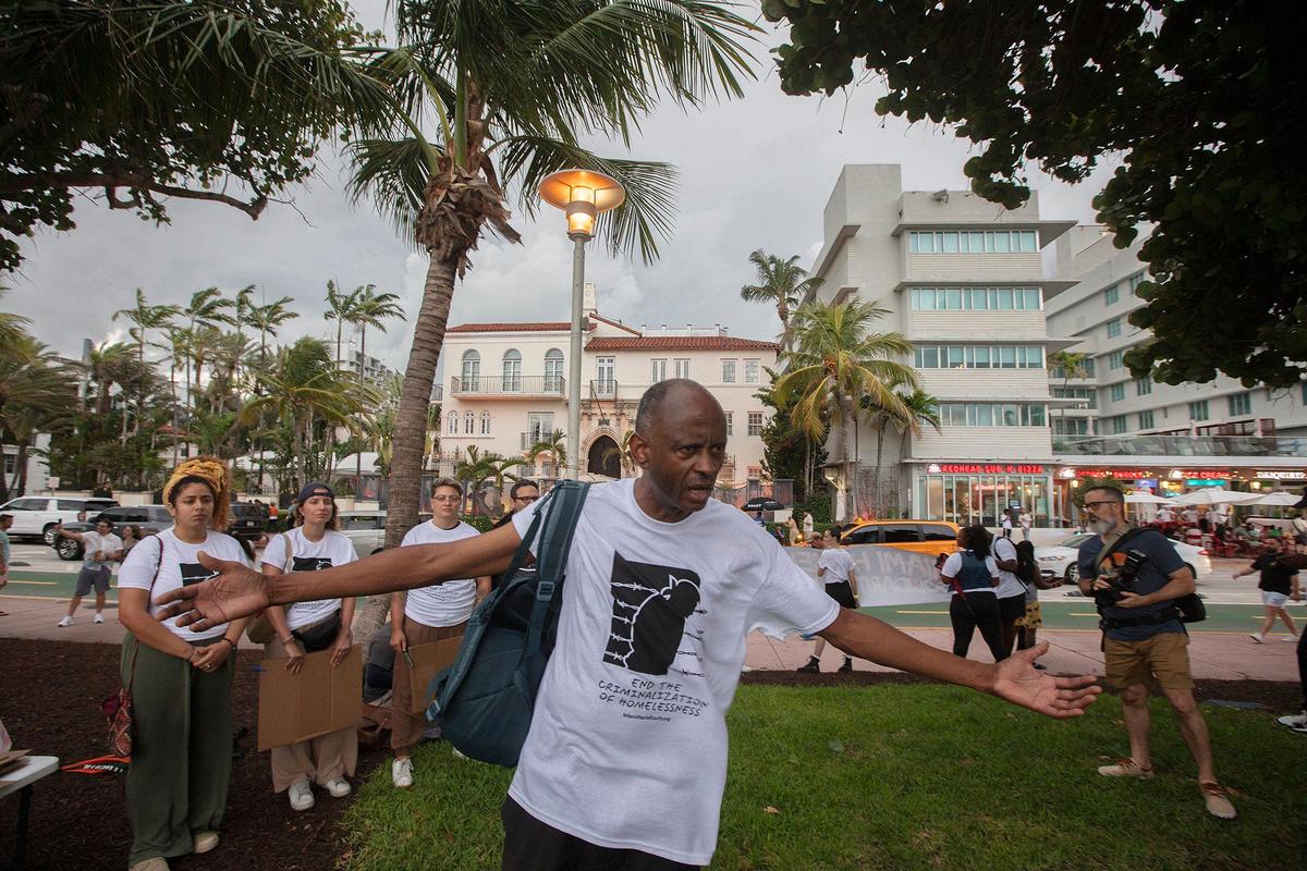 David Peery addresses demonstrators during a protest in solidarity with Miami-Dade’s homeless residents on Saturday, Aug. 3, 2024, in Miami Beach, Florida.