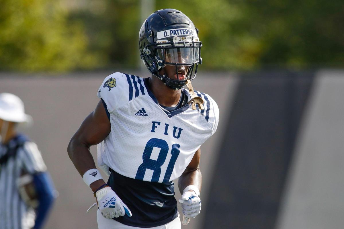 Florida International University wide receiver Dean Patterson (81) runs on the field during football practice at the practice fields at Florida International University in Miami, Florida, on Thursday, March 24, 2022.