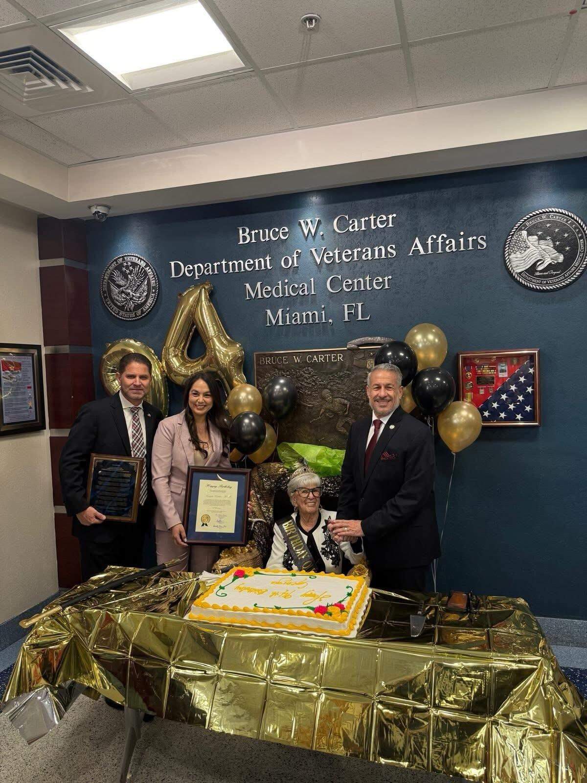 Georgie Carter Krell at the Bruce W. Carter VA Medical Center in Miami with Virginia Gardens Mayor Spencer Deno IV, Miami-Dade District 6 Commissioner Natalie Milian Orbis and Sweetwater Mayor Jose “Pepe” Diaz, on Monday, Aug. 25, 2025. 