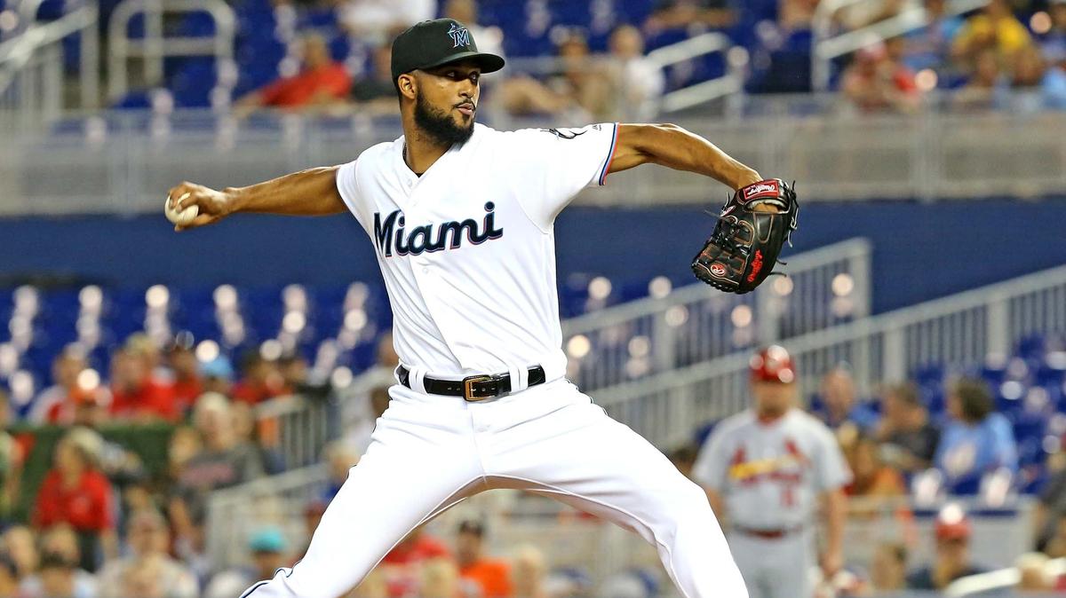 Miami Marlins pitcher Sandy Alcantara as they play the St. Louis Cardinals at Marlins Park in Miami, Florida, Monday, June, 10, 2019.