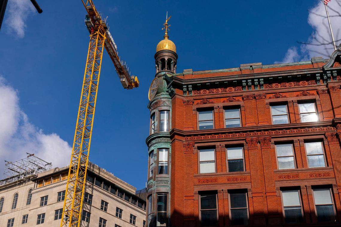 A construction crane that was climbed by a father of a Parkland shooting victim at 15th Street and Pennsylvania Avenue in Northwest across the street from the White House, in Washington, Monday, Feb. 14, 2022.
