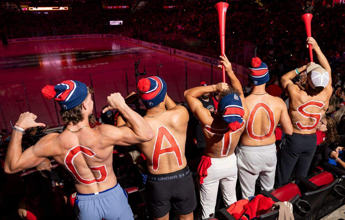 Florida Panthers fans cheer for the Gatos, Cats in Spanish, during a watch party at the Amerant Bank Arena.