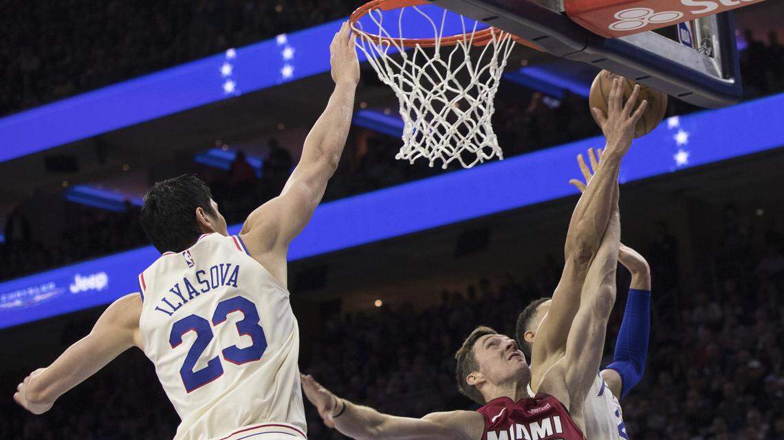 Miami Heat guard Goran Dragic gets his shot blocked by Philadelphia 76ers' Ben Simmons, right, with Ersan Ilyasova, left, defending during the first half in Game 5 of their first-round playoff series. Dragic was one of Miami's best players in the series, but the Heat didn't have enough to compete with the 76ers' firepower.