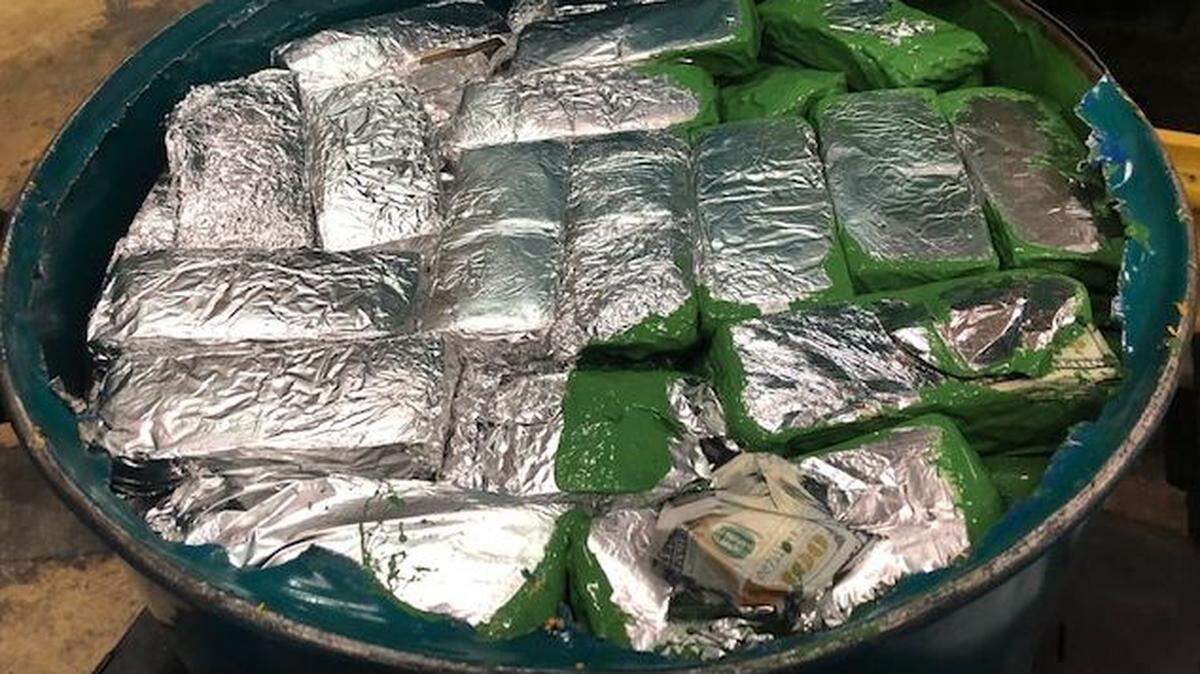One of the two 55-gallon drums packed with cash seized by U.S. Customs and Border Protection