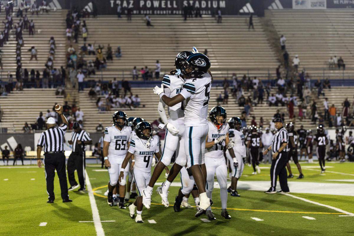 Archbishop McCarthy Mavericks wide receiver Kendall Brown (0) and wide receiver Ja'kobi Williams (5) during a high school football game against Miami Norland Senior High School at Traz Powell Stadium on Thursday, September 25, 2025, in Miami, Fla.