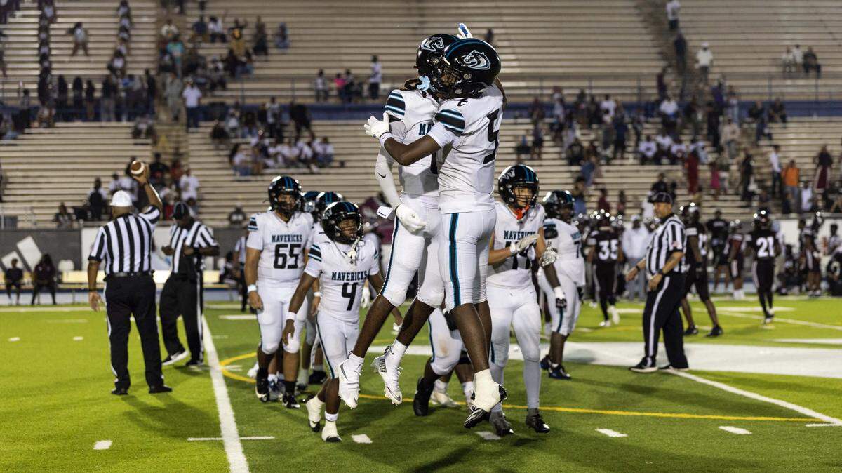 Archbishop McCarthy Mavericks wide receiver Kendall Brown (0) and wide receiver Ja'kobi Williams (5) during a high school football game against Miami Norland Senior High School at Traz Powell Stadium on Thursday, September 25, 2025, in Miami, Fla.
