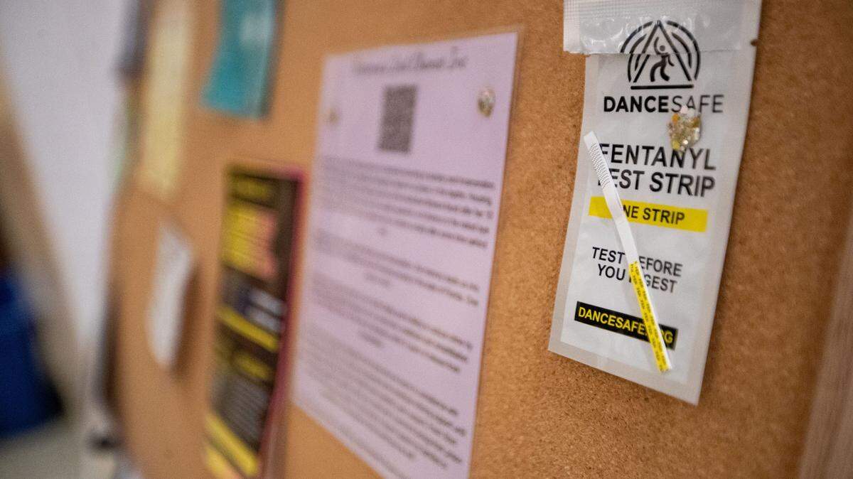 A display in the Florida Capitol about drug use, including fentanyl test strips, on Jan. 24.