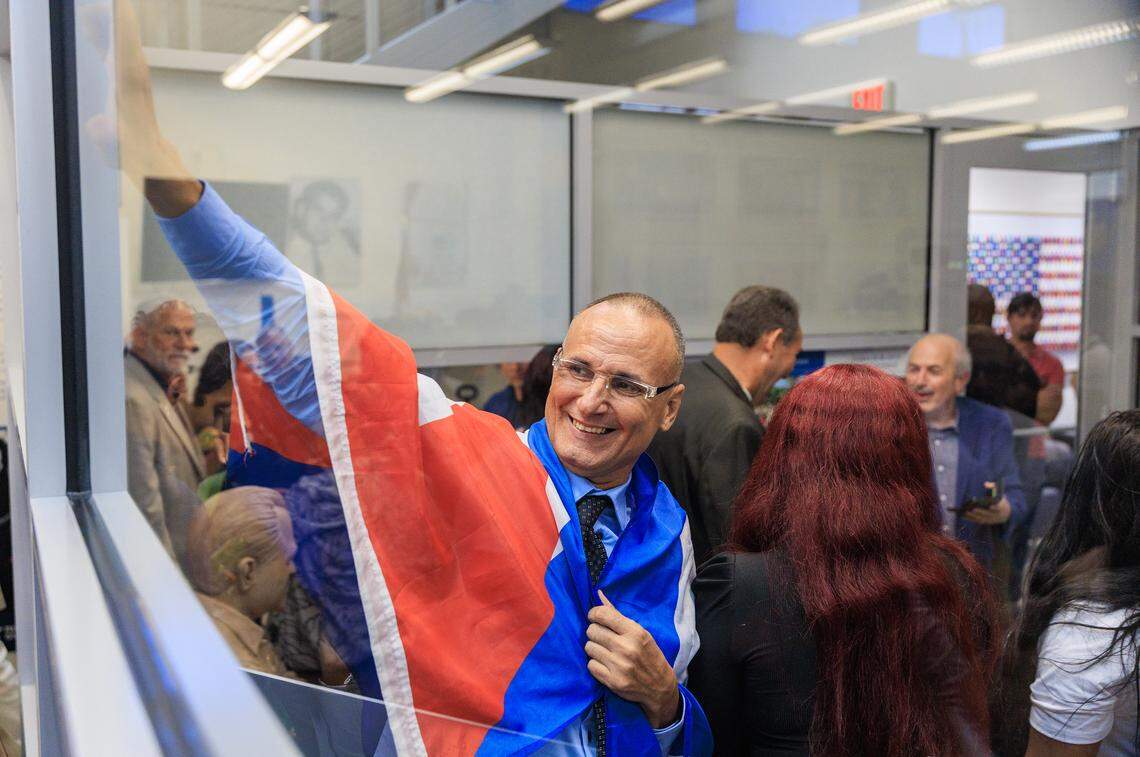 Cuban dissident José Daniel Ferrer reacts after arriving with his family at the offices of the Cuban American National Foundation in Miami on Monday, Oct. 13, 2025.