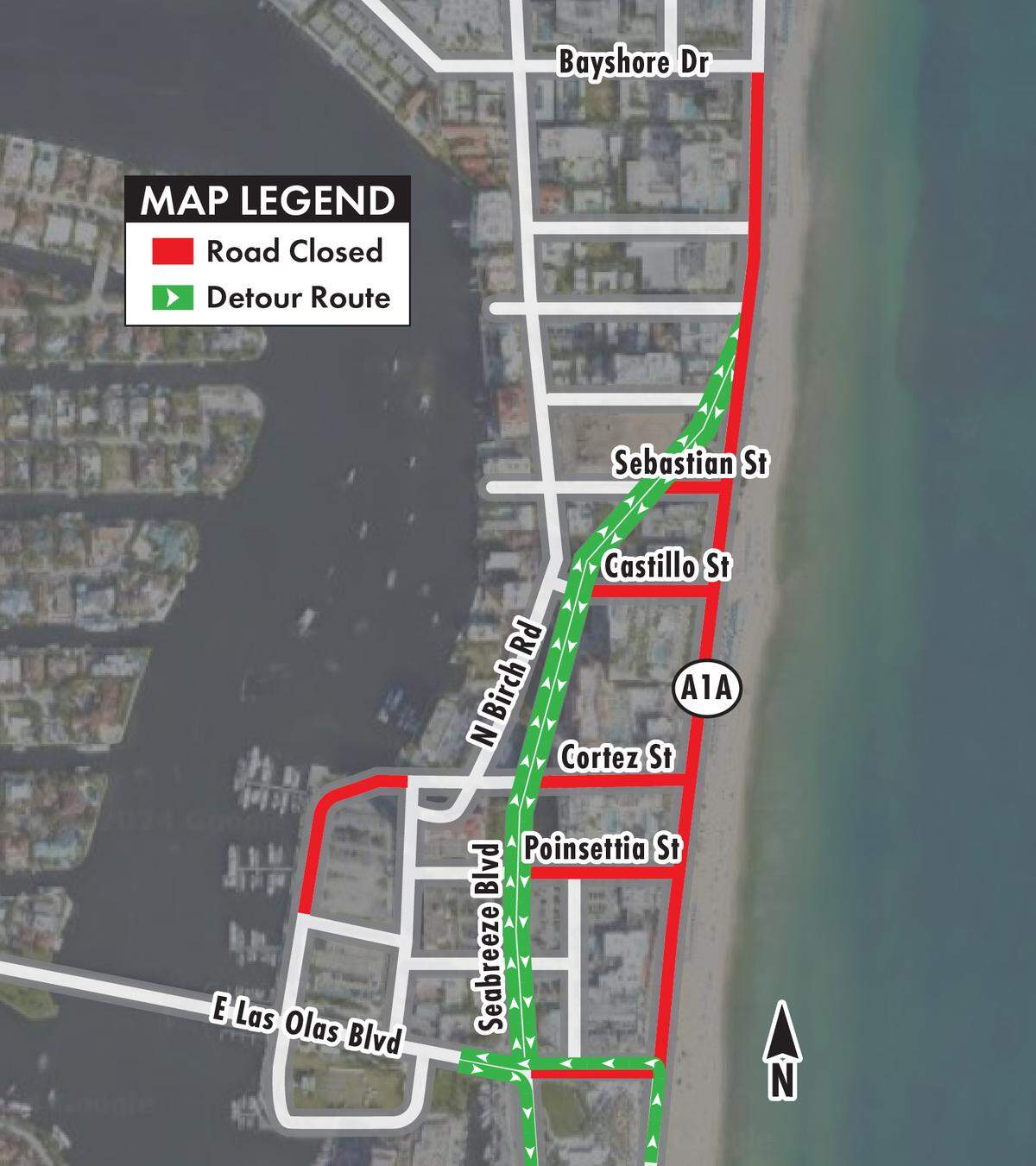 A map of road closures in Fort Lauderdale on Feb. 26