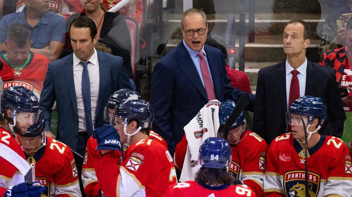 Florida Panthers Head Coach Paul Maurice talks to the team during the first period of Game 1 of the Stanley Cup Playoffs Round 1 on Sunday, April 21, 2024, at Amerant Bank Arena in Sunrise, Fla.