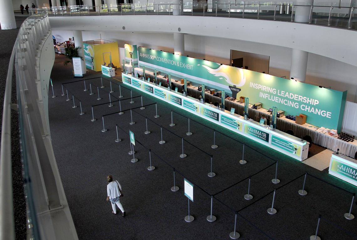 Curves and rounded columns are part of the newly renovated lobby/registration areas of the Miami Beach Convention Center.