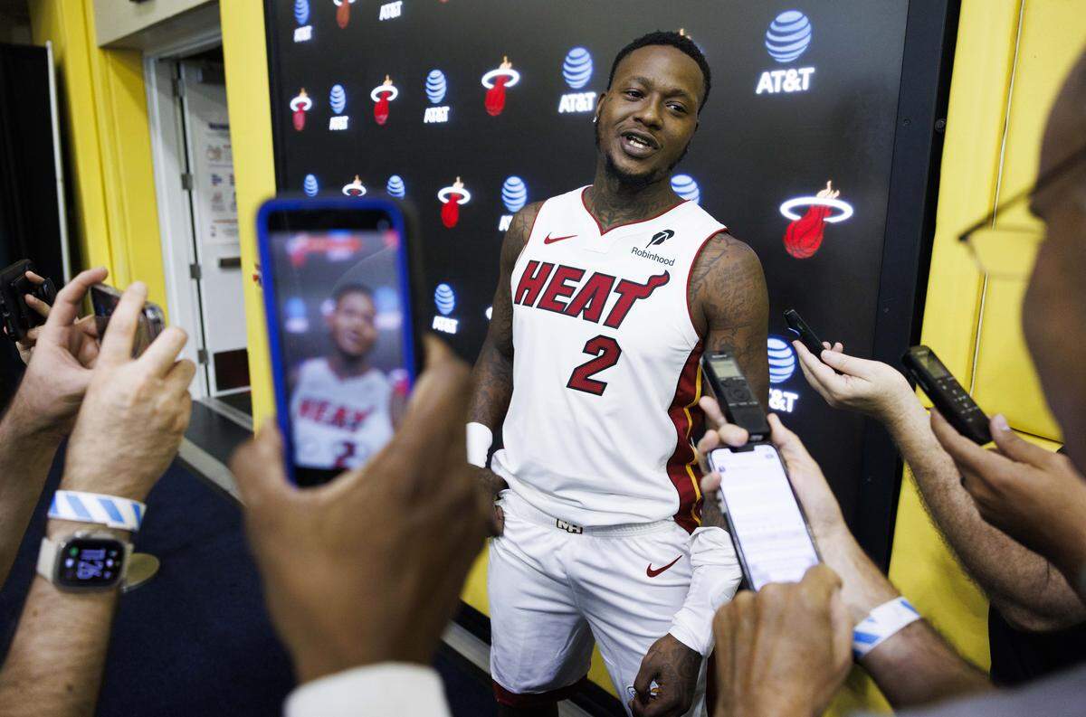Terry Rozier (2) talks to reporters during the Miami HEAT Media Day on Monday, Sept. 29, 2025, at the Kaseya Center in downtown Miami, Fla.